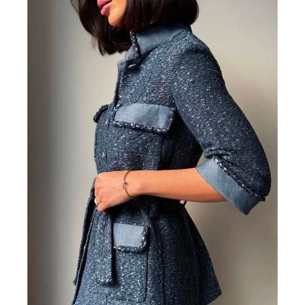 Chanel Spring 2012 Blue Tweed & Denim Belted Jacket FR 38